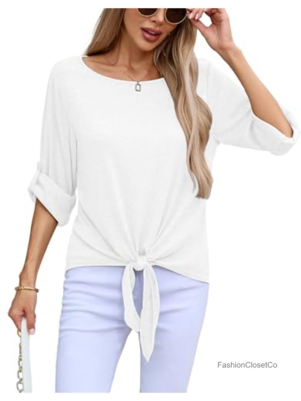Womens Roll Up Long Sleeve Tie Front Tunic Top Boat Neck Casual